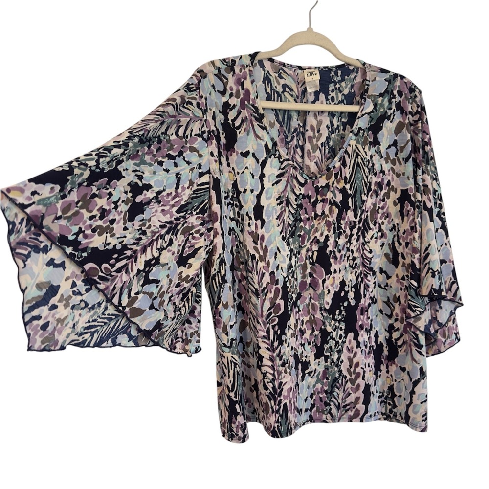 Sew In Love Womens Purple Abstract Floral Bell Sleeve V-Neck Top‎ Bohemian S
